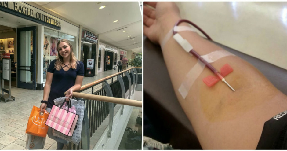 Mulher vende o próprio plasma de sangue para fazer compras no shopping