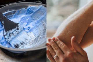 À esquerda, um pote de pó descolorante azul com água oxigenada e um pincel preto dentro À direita, um braço com pelos loiros e uma mão aplicando creme.