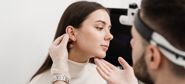 Mulher de cabelos pretos e pele branca tem a orelha examinada pelo médico para avaliação de otoplastia, cirurgia plástica das orelhas