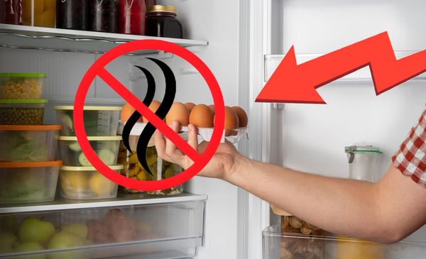Visão de uma pessoa segurando uma bandeja de ovos em frente a uma geladeira aberta