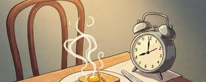 Ilustração de uma mesa com um prato com comida e um relógio ao lado