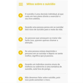Parte de lista de mitos sobre suicídio disponível no app - Foto: Divulgação