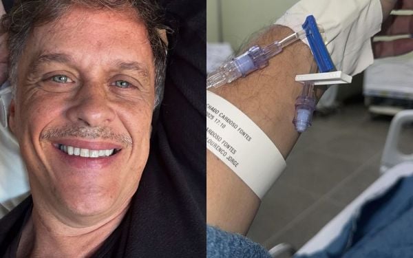 foto do ator guilherme fontes e do seu braço com soro no hospital