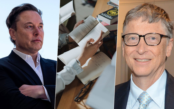 Imagem dividida em três partes, com Elon Musk, um livro aberto e o Bill Gates