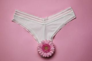 Calcinha branca embaixo de uma flor de pétalas rosa