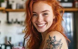 mulher ruiva e jovem olhando pra frente sorrindo