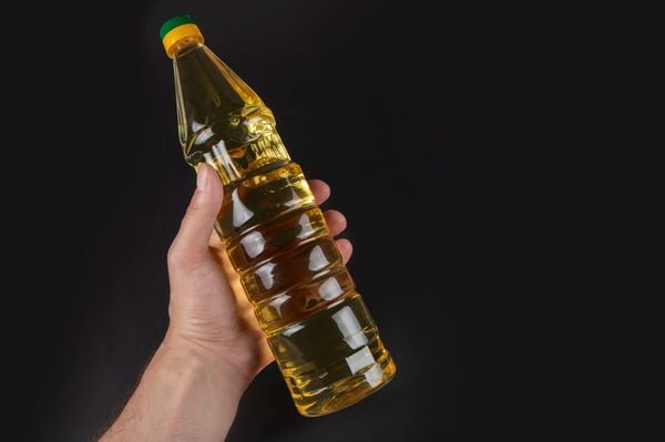 Imagem aproximada de mão segurando uma garrafa de vinagre