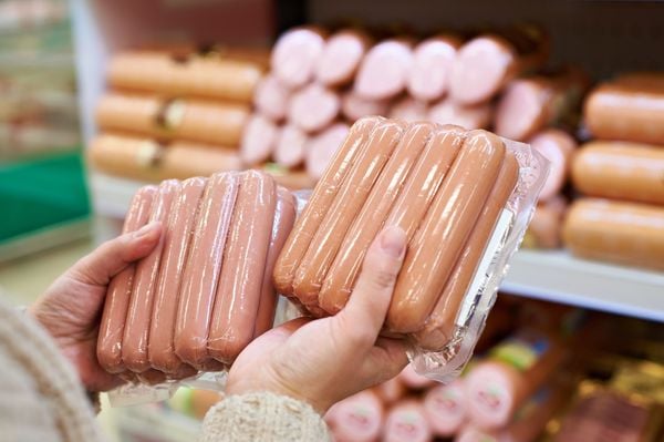 Mãos de uma mulher escolhendo salsichas no mercado