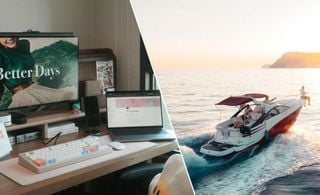 Foto dividida: na esquerda uma área de trabalho com computador, na direita uma lancha no mar