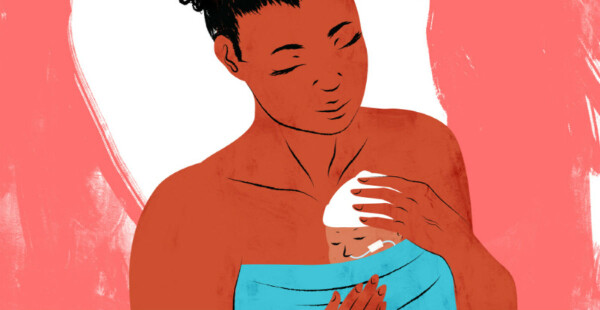 Ilustração de mulher segurando bebê no colo
