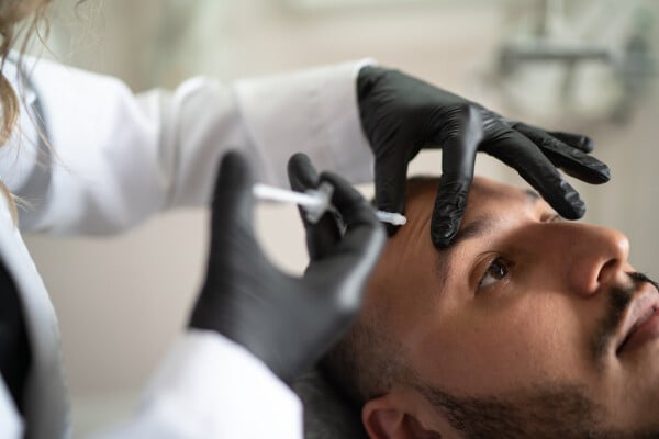 homem em clínica fazendo procedimento de botox na testa