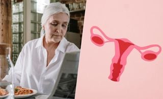 Imagem dividida ao meio: na esquerda, uma mulher olhando um prato com comida. Na direita, uma ilustração de um ovário em tom rosa