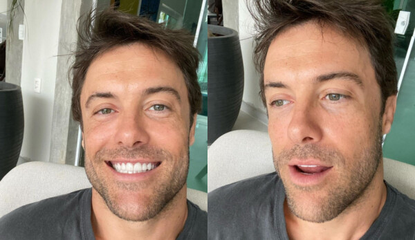 Montagem com duas selfies de Kayky Brito; à esquerda, ele sorri para a câmera; à direita, olha para o lado e está com a boca semiaberta. Veste camiseta cinza escuro.