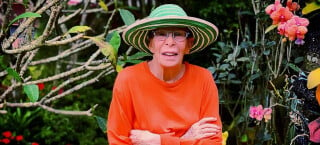 Rita Lee veste moletom laranja e chapéu verde, enquanto posa de braços cruzados em frente a um jardim