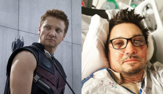 À esquerda, Jeremy Renner caracterizado como Gavião Arqueiro, em Os Vingadores; à direita, selfie do ator internado após sofrer acidente