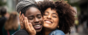 Duas amigas, de pele negra, se abraçando, com os rostos encostados, e sorrindo