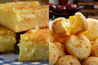 à esquerda, bolo de fubá. à direita, pães de queijo dentro de um cesto e um pão de queijo aberto