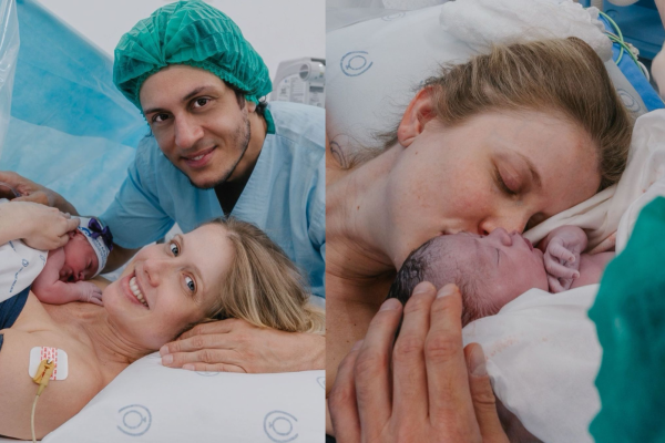 Gabriela Prioli e Thiago Mansur no momento do nascimento da filha