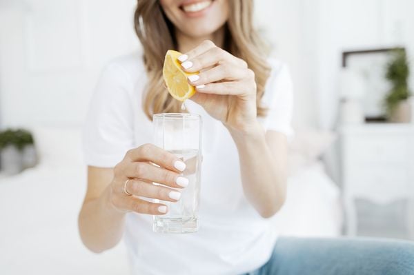 mulher espremendo limão no copo