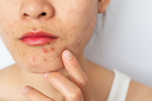 Close up da região da boca de uma mulher com acne