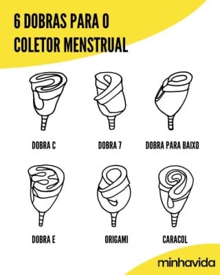Imagem descritiva de 6 formas de colocar o coletor menstrual