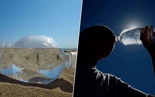 foto de garrafa pet no sol e foto de pessoa bebendo água na garrafa pet