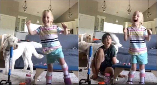Menina com paralisia cerebral dá primeiros passos e comemora em vídeo emocionante