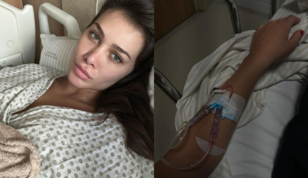 À esquerda, selfie da atriz Flavia Pavanelli internada; à direita, foto do braço com acesso para medicamentos endovenosos