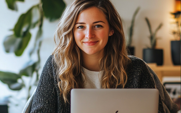 Mulher jovem sorrindo em frente ao notebook