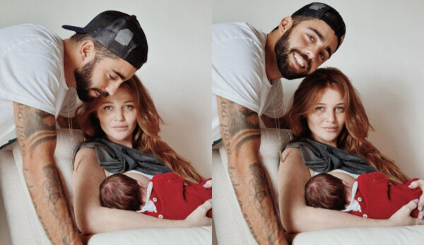 Pedro Scooby e Cintia Dicker pousando e segurando sua bebê, Aurora, no colo