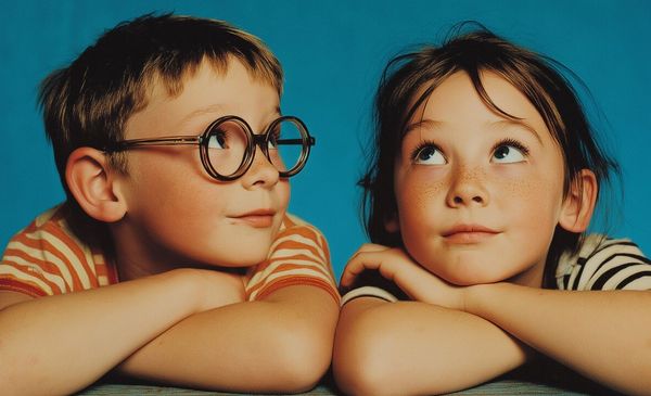 Duas crianças, um menino na esquerda e uma menina na direita, olhando para algo acima