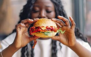 mulher comendo hambúrguer