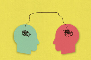 Ilustração de duas cabeças se olhando com linha preta ligando os cérebros