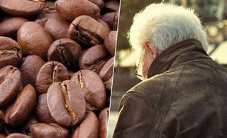 Na esquerda temos a foto em close-up de grãos de café. Já na direita, um homem idoso de costas