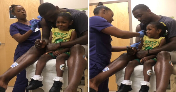 Pai finge tomar vacina para ajudar filha que tem medo de agulha