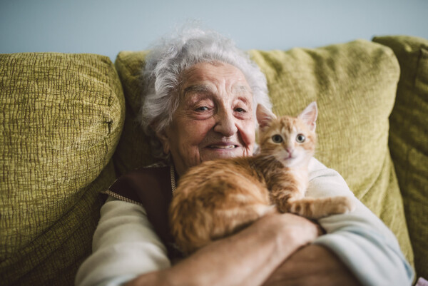 Mulher idosa abraçando seu gato