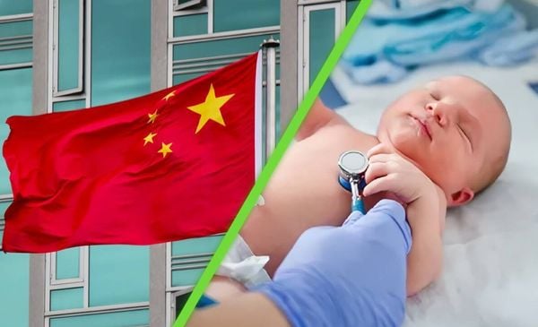 Imagem dividida: na esquerda, uma bandeira da China. Na direita a imagem de um bebê