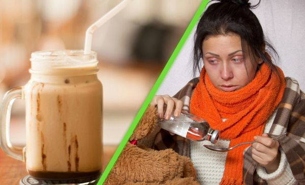 Imagem com uma divisão no meio: no lado esquerdo, um copo com café gelado. Na direita, uma mulher tomando remédio para gripe