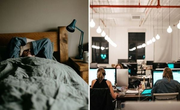 Foto com duas imagens: na esquerda, uma pessoa deitada em uma cama e com as mãos no rosto. Na direita, pessoas em um escritório