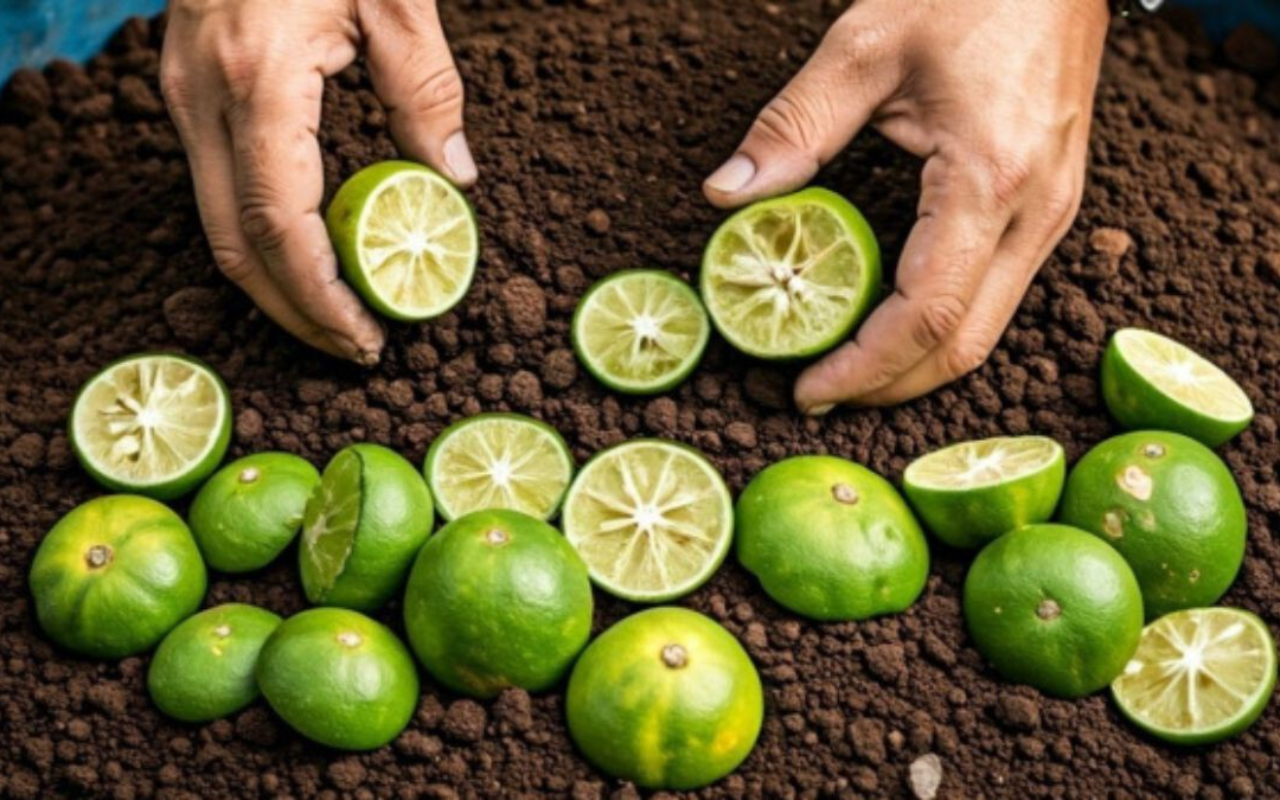 Imagem aproximada de mãos colocando cascas de limão na terra