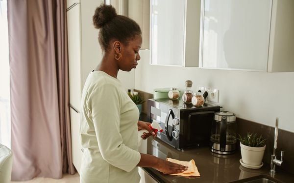 mulher limpando a pia da cozinha