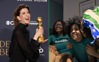 Foto dividida. Do eesquerdo, Fernanda Torres, de 'Ainda Estou Aqui' com o Globo de Ouro em mãos; do lado direito, uma família brasileira torcendo