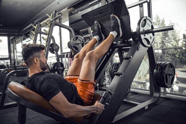 Homem fazendo leg press na academia