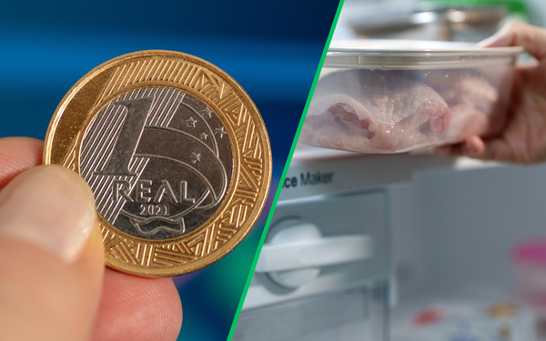 Imagem dividida. De um lado, uma mão segurando uma moeda; de outro, uma mão guardando frango em um freezer