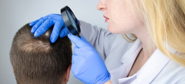 Tricologista examina o cabelo de um homem que começa a ter alopecia