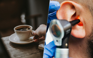 Imagem dividida. De um lado, uma xícara de café; de outro, um ouvido sendo analisado