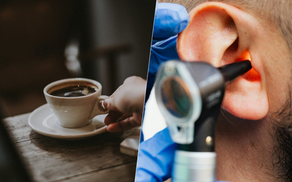 Imagem dividida. De um lado, uma xícara de café; de outro, um ouvido sendo analisado