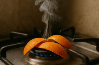 Cascas de laranja em cima de boca de fogão