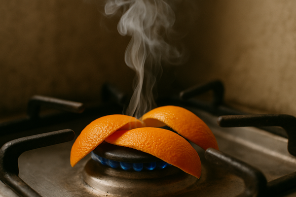 Cascas de laranja em cima de boca de fogão