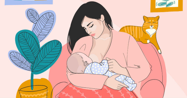 Ilustração de mulher amamentando bebê